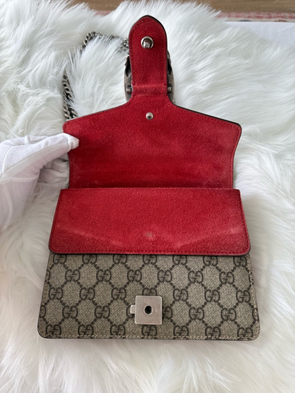 Gucci: GG Canvas and Red Suede Mini Dionysus Shoulder Bag AUTHENTIC - Picture 12 of 16